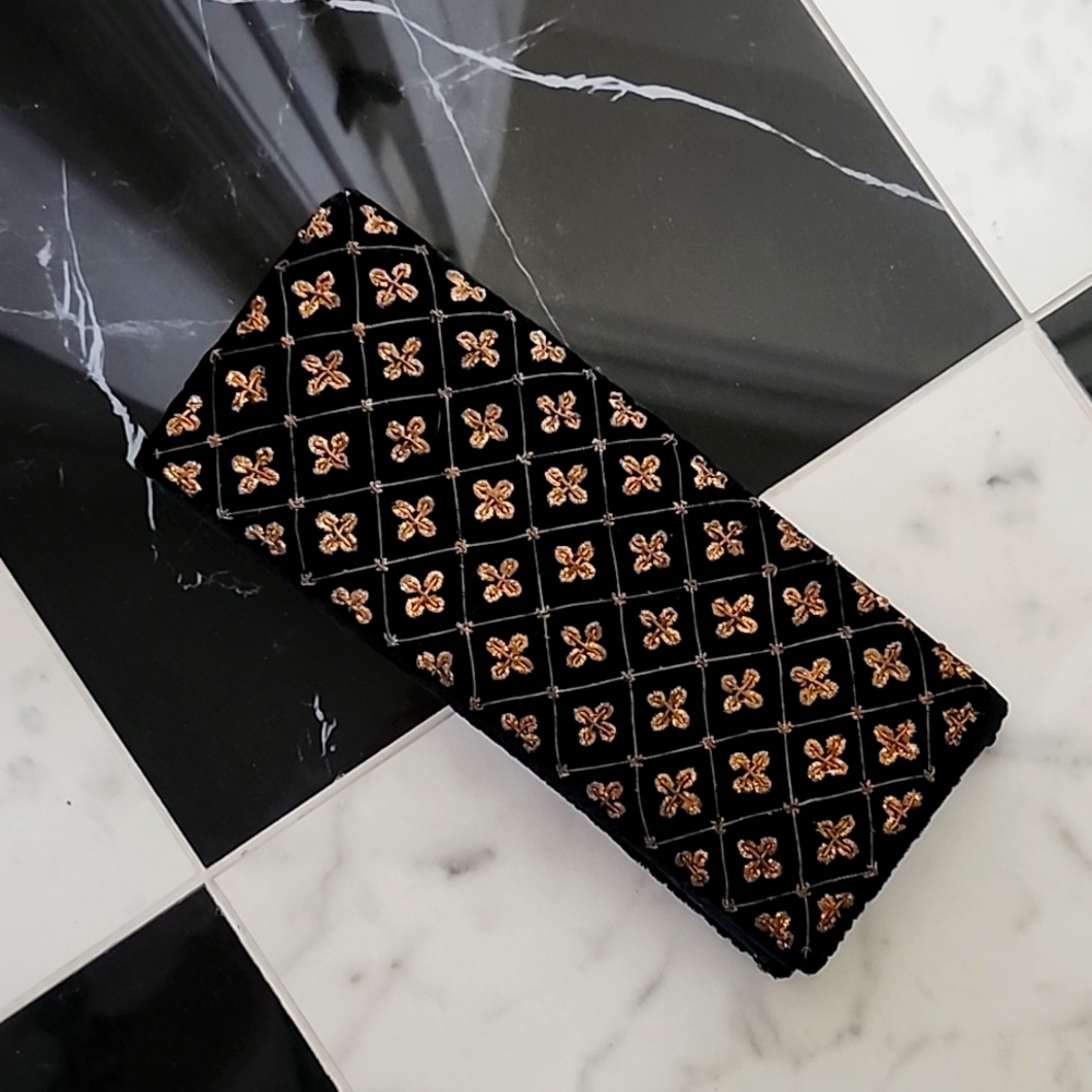Vintage Black Velvet and Gold Clutch with Strap